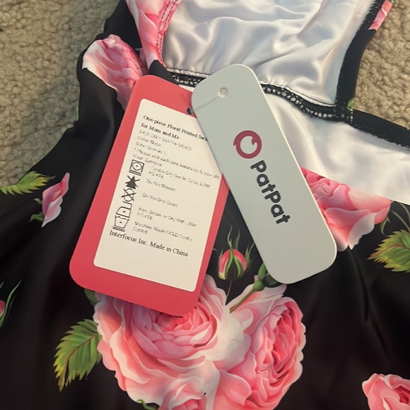 Deep V one piece bathingsuit black w pink floral - Picture 3 of 3